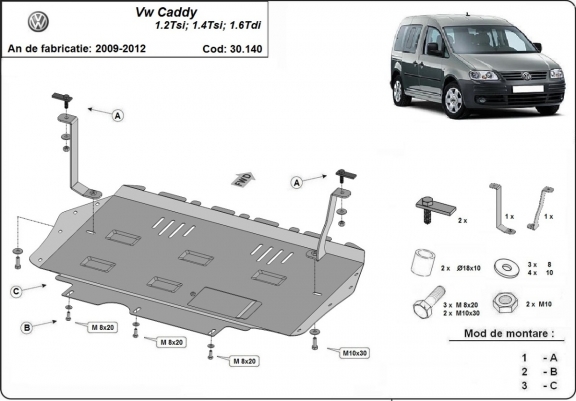 Motor, Versnellingsbak en Radiator Beschermplaat voor Volkswagen Caddy 