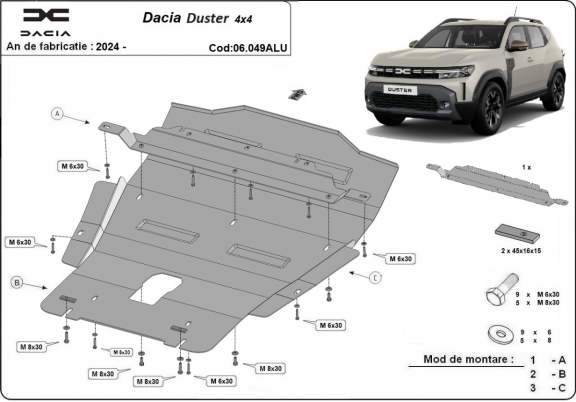 Motor, Versnellingsbak en Radiator  aluminium Beschermplaat voor Dacia Duster- 4x4