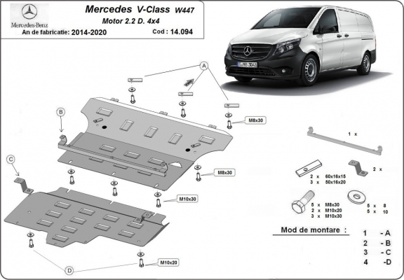 Motor, Versnellingsbak en Radiator Beschermplaat voor Mercedes V-Class W447, 2.2 D, 4x4