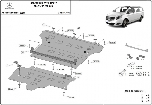 Motor, Versnellingsbak en Radiator Beschermplaat voor Mercedes Vito W447, 2.2 D, 4x4