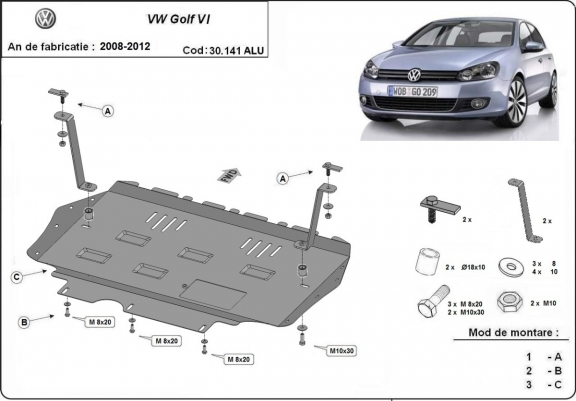 Aluminium Motor, Versnellingsbak en Radiator Beschermplaat voor VW Golf 6
