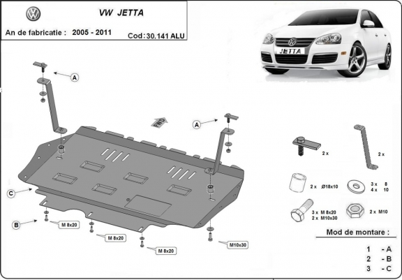 Aluminium Motor, Versnellingsbak en Radiator Beschermplaat voor VW Jetta