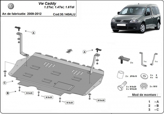 Aluminium Motor, Versnellingsbak en Radiator Beschermplaat voor Volkswagen Caddy 