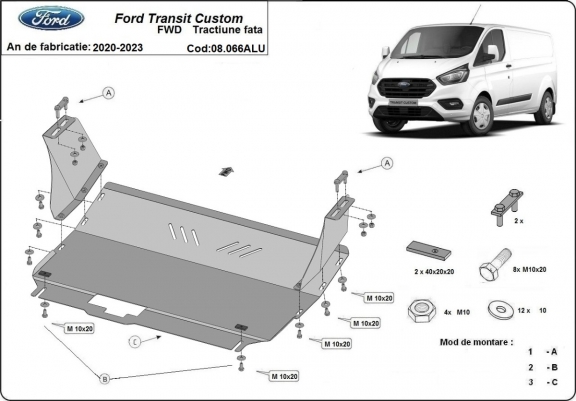 Aluminium Motor en Versnellingsbak Beschermplaat voor Ford Transit Custom - FWD