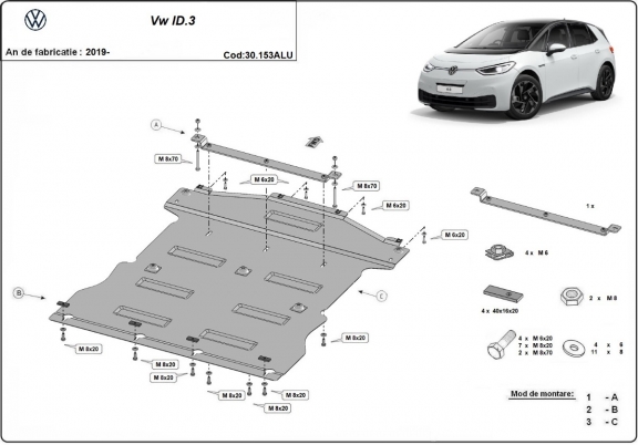 Motor, Versnellingsbak en Radiator Beschermplaat voor Volkswagen TID.3 - aluminium