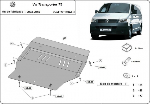 Motor, Versnellingsbak en Radiator Beschermplaat voor Volkswagen Transporter T5 - aluminium
