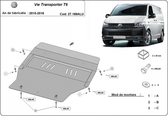 Motor, Versnellingsbak en Radiator Beschermplaat voor Volkswagen Transporter T6 - aluminium