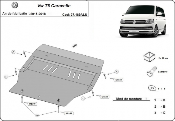 Motor, Versnellingsbak en Radiator Beschermplaat voor Volkswagen Transporter T6 Caravelle - aluminium