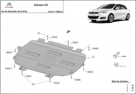 Motor en Versnellingsbak Beschermplaat voor Citroen C4 - Aluminium