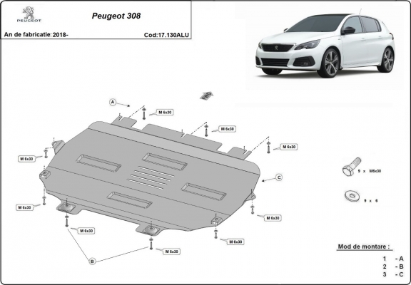 Motor en Versnellingsbak Beschermplaat voor Peugeot 308 - Aluminium