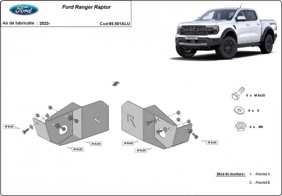 Aluminium motorbeschermplaat voor sensor van achterste trailing arm Ford Ranger Raptor