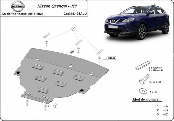 Motor en Versnellingsbak Beschermplaat voor Nissan Qashqai J11 - Aluminium