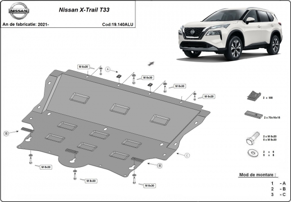 Motor en Versnellingsbak Beschermplaat voor Nissan X-Trail T33 - Aluminium