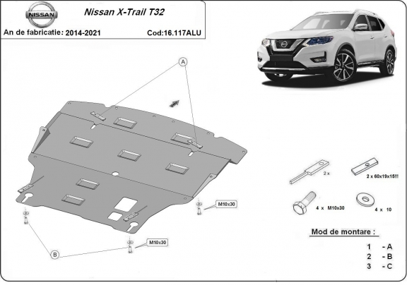 Motor en Versnellingsbak Beschermplaat voor Nissan X-Trail T32 - Aluminium