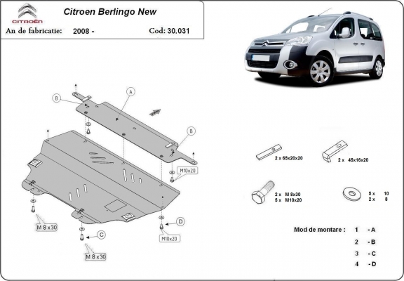 Motor, Versnellingsbak en Radiator Beschermplaat voor Citroen Berlingo