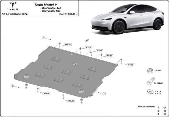 Voorste aluminium beschermplaat voor de elektrische motor van de Tesla model Y