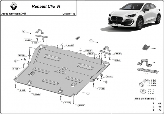 Motor en Versnellingsbak Beschermplaat voor Renault Clio 6