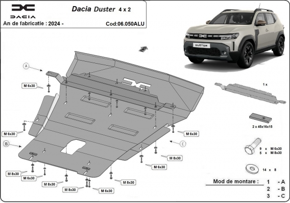 Motor, Versnellingsbak en Radiator  aluminium Beschermplaat voor Dacia Duster- 4x2