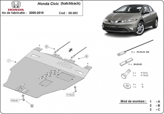 Motor, Versnellingsbak en Radiator Beschermplaat voor Honda Civic (hayon)