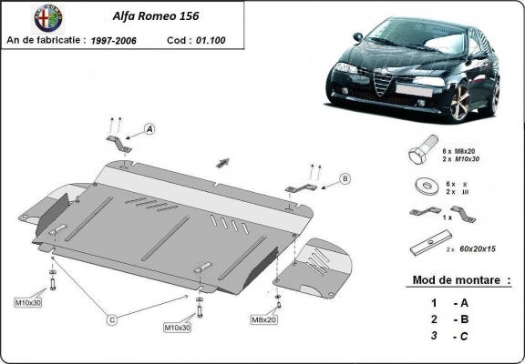 Motor, Versnellingsbak en Radiator Beschermplaat voor Alfa Romeo 156