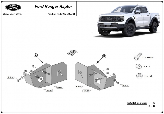 Aluminium motorbeschermplaat voor sensor van achterste trailing arm Ford Ranger Raptor