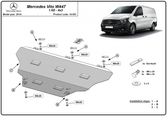 Motor, Versnellingsbak en Radiator Beschermplaat voor Mercedes Vito W447, 4x2, 1.6 D