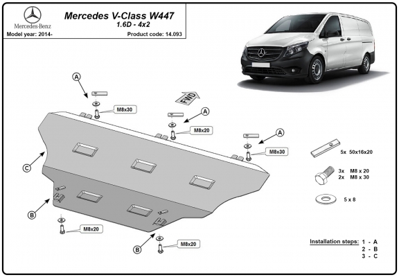 Motor, Versnellingsbak en Radiator Beschermplaat voor Mercedes V-Classe W447, 4x2, 1.6 D